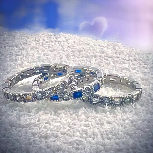 Baguette Dot CZ Diamond Eternity Band 925 CZ Sapphire Stackable Rings - Picture 1 of 5
